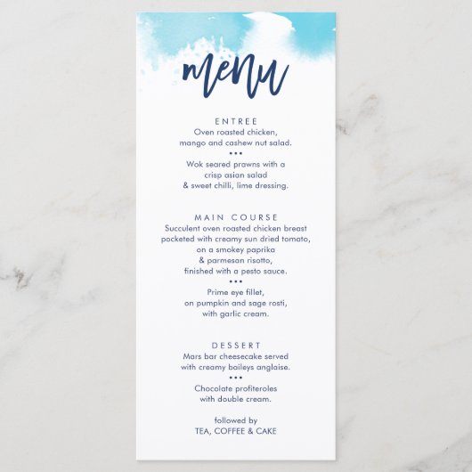 ONTVANGST TROUW MENU cute aqua blauwe waterverf (Voorkant)