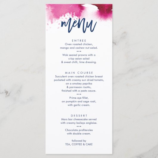 ONTVANGST TROUW MENU schattig marine roze aquarel (Voorkant)