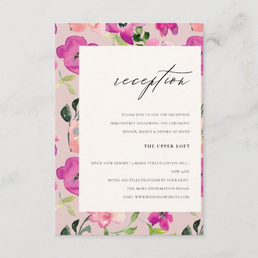 Ontvangst van floral bruiloft door roze Waterverf Informatiekaartje (Voorkant)