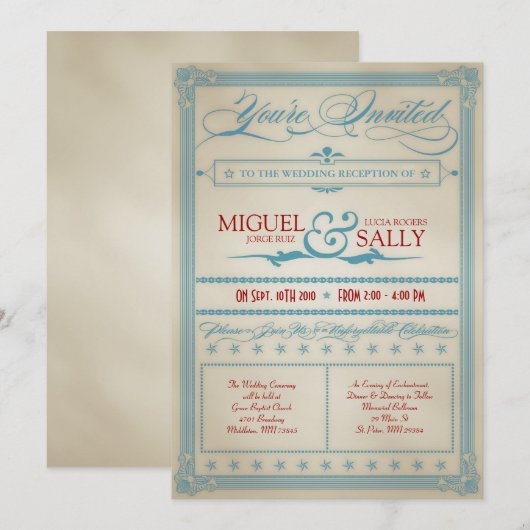 ontvangst van rode en blauwe bruiloft kaart (Voorkant / Achterkant)