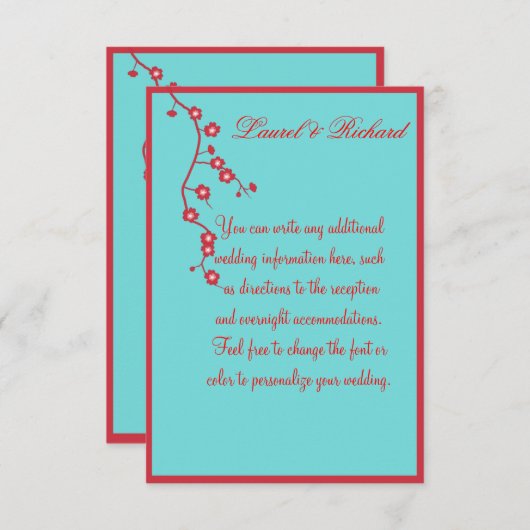 Ontvangst van rode en turquoise Floral Wedding Informatiekaartje (Voorkant / Achterkant)
