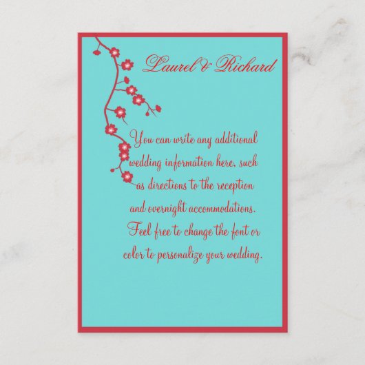 Ontvangst van rode en turquoise Floral Wedding Informatiekaartje (Voorkant)