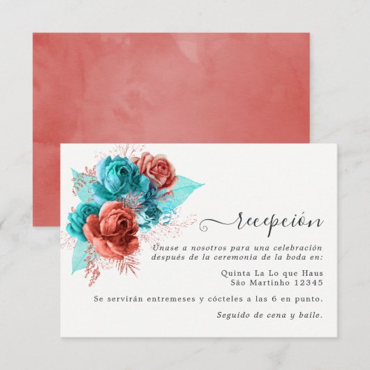 Ontvangst van Spaanse Turquoise en Coral Wedding Informatiekaartje (Voorkant / Achterkant)