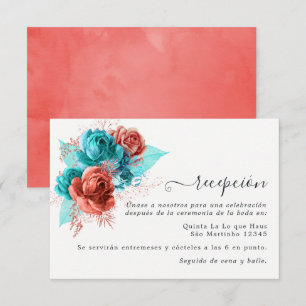 Ontvangst van Spaanse Turquoise en Coral Wedding Informatiekaartje
