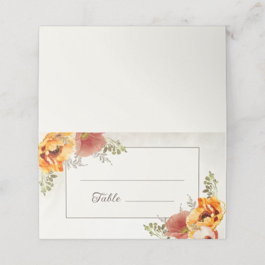 Ontvangst van verbrande Oranje Floral Wedding Plaatskaartje (Buitenkant ongevouwen)