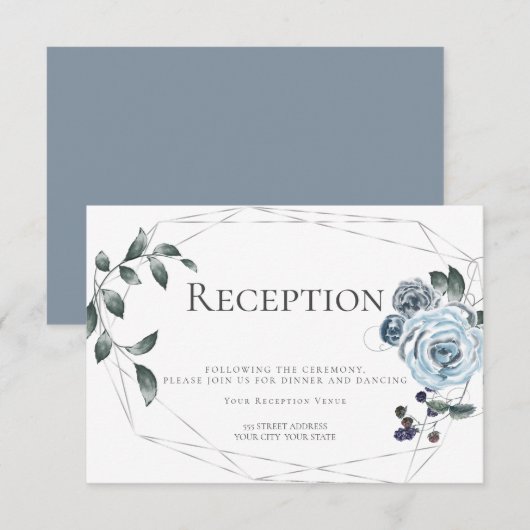 Ontvangst | Waterverf Dusty Blue Floral Silver Informatiekaartje (Voorkant / Achterkant)