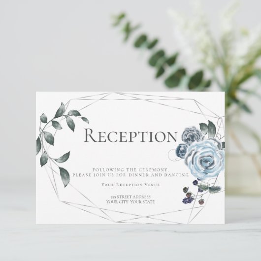 Ontvangst | Waterverf Dusty Blue Floral Silver Informatiekaartje (Staand voorkant)