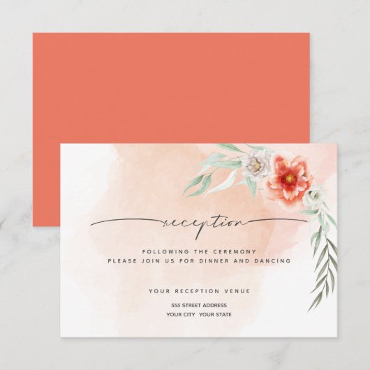 Ontvangst | Waterverf Koraal Splash en Bloemen Kaart (Voorkant / Achterkant)