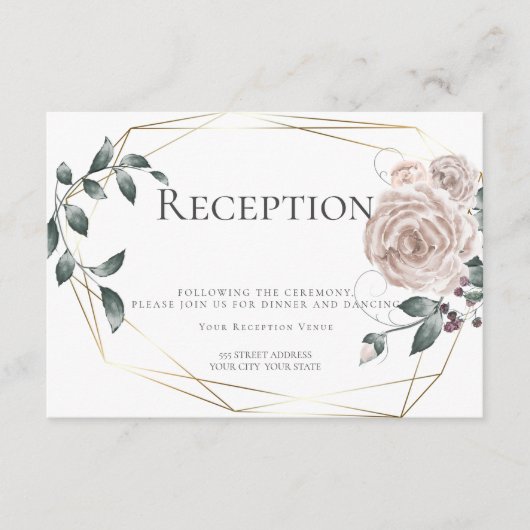 Ontvangst | Waterverf Stof Roze Bloemen Goud Informatiekaartje (Voorkant)