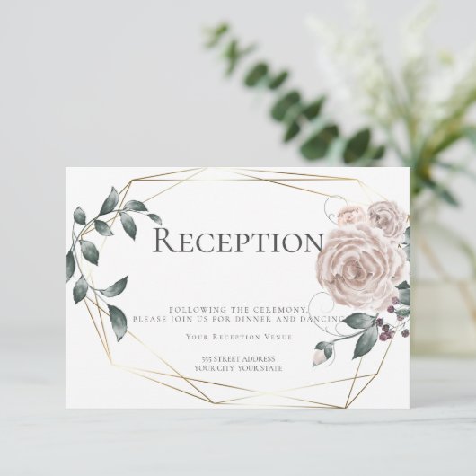 Ontvangst | Waterverf Stof Roze Bloemen Goud Informatiekaartje (Staand voorkant)