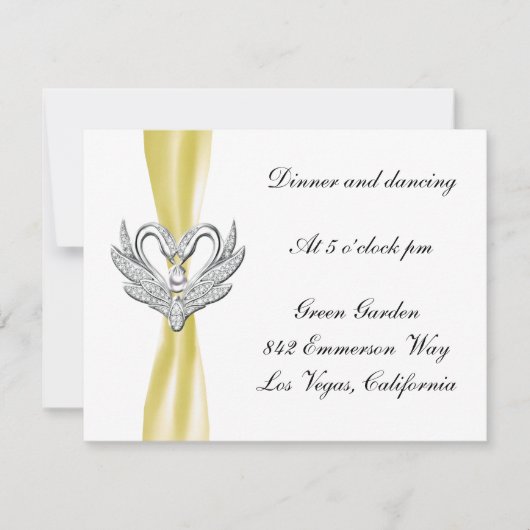 Ontvangstkaart met gele lint en zilveren zwanen kaart (Voorkant)