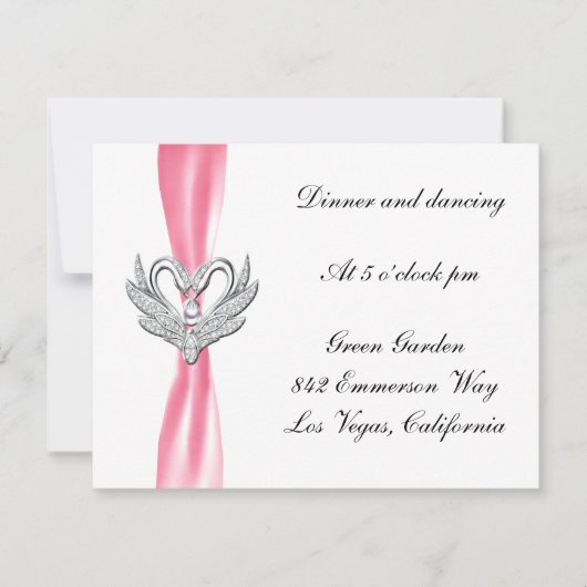 Ontvangstkaart met roze lint en zilveren zwanen kaart (Voorkant)