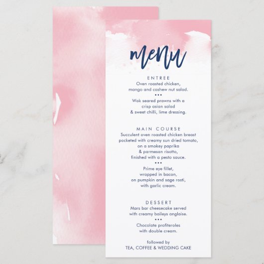 ONTVANGSTMENU - stijlvolle roze waterverf Menu (Voorkant / Achterkant)