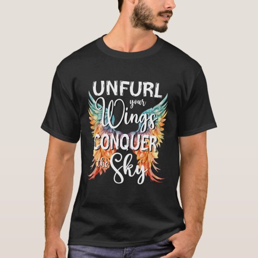 Ontvul je vleugels Verover de lucht Inspirerende Q T-shirt (Voorkant)