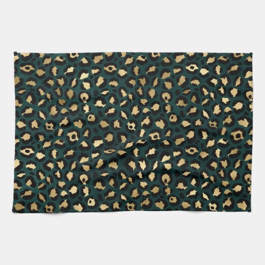 Ontwerp 1 van de blauwgroen en Gold Leopard-reeks Theedoek (Horizontaal)