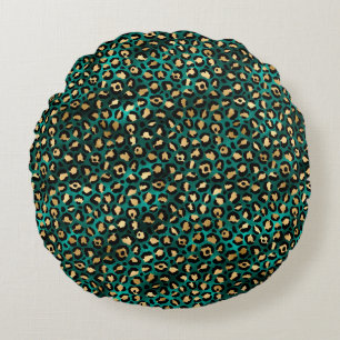 Ontwerp 3 van de blauwgroen en Gold Leopard-reeks Rond Kussen