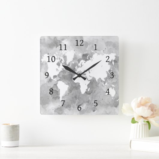 Ontwerp 49 Wereldkaart grayscale Vierkante Klok (Huis)