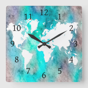 Ontwerp 62 wereldkaart aqua turquoise vierkante klok