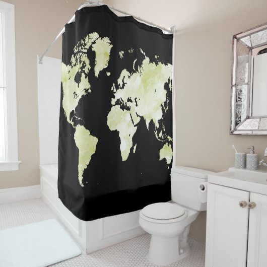 Ontwerp 73 zwarte groene wereldkaart douchegordijn (In situ)