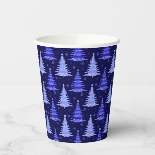 Ontwerp blauw kerstboompatroon papieren bekers (Links)