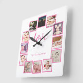 Ontwerp een 12 Foto Collage Persoonlijk Roze Vierkante Klok (Hoek)