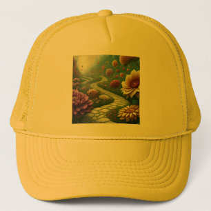 Ontwerp een dromerige scène van een tuin met bloem trucker pet