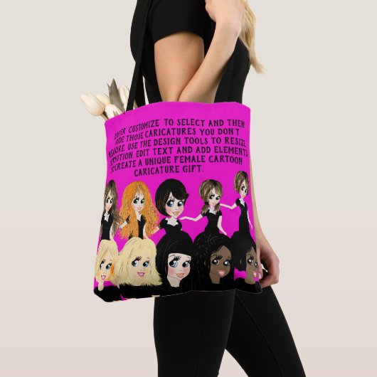 Ontwerp een vrouwelijke cartooncaricatuur cadeau m tote bag (Dichtbij)