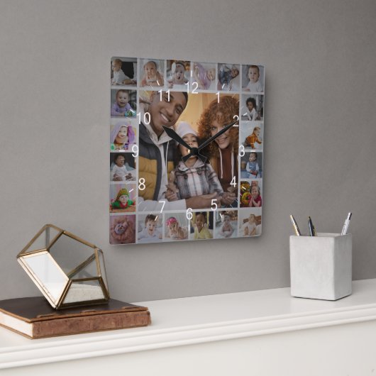 Ontwerp je eigen 21 fotocollage vierkante klok (Kantoor)