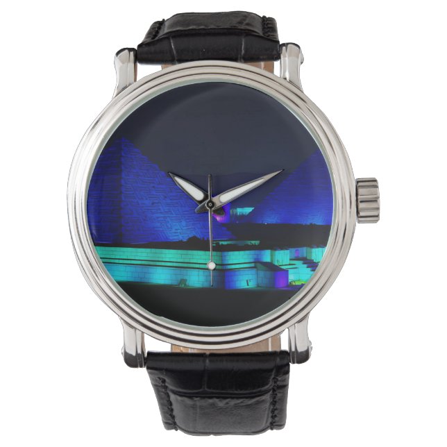 Ontwerp met blauwe piramides  horloge (Voorkant)