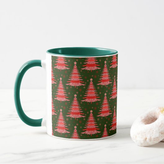 Ontwerp met rood groen kerstboompatroon mok (Met donut)