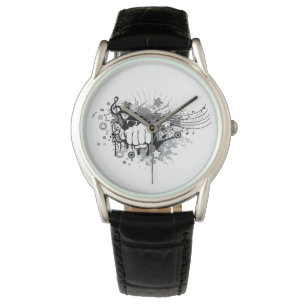 Ontwerp met vuist, sterren en muzieknotities horloge