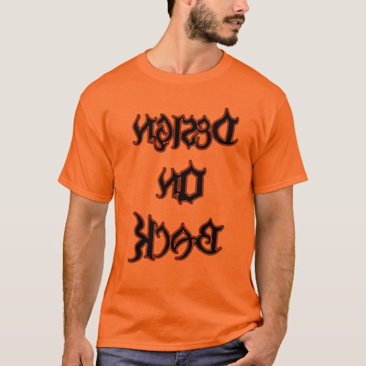 Ontwerp op achterzijde oranje en zwart t-shirt (Voorkant)