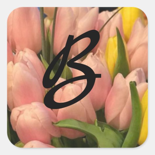 Ontwerp peach Tulip Monogram Vierkante Sticker (Voorkant)