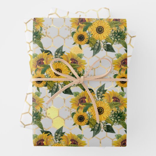 Ontwerp twee van de zonnebloem- en bijenreeks inpakpapier vel (In situ)