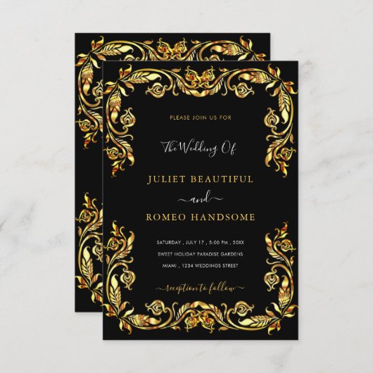 Ontwerp uw eigen Black Gold bruiloft uitnodiging (Voorkant / Achterkant)