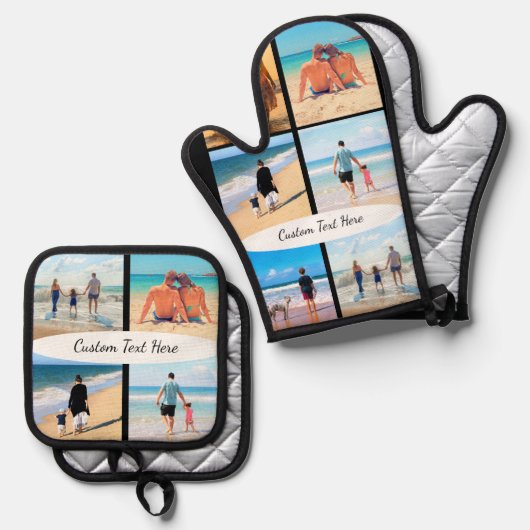 Ontwerp uw eigen fotocollage en aangepaste tekst ovenwant & pannenlap set (Voorkant / Achterkant)