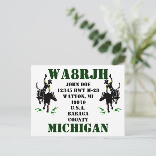Ontwerp uw eigen QSL HAM Radio Ops Card Bronc Ride Briefkaart (Staand voorkant)