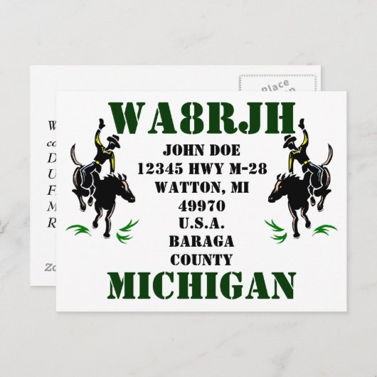 Ontwerp uw eigen QSL HAM Radio Ops Card Bronc Ride Briefkaart (Voorkant / Achterkant)