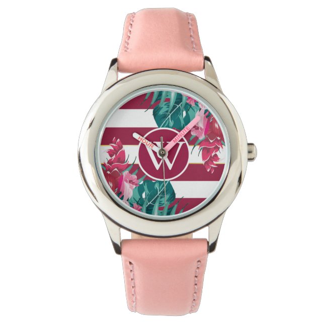 Ontwerp van Bourgogne Flowers Monogram gestript Horloge (Voorkant)