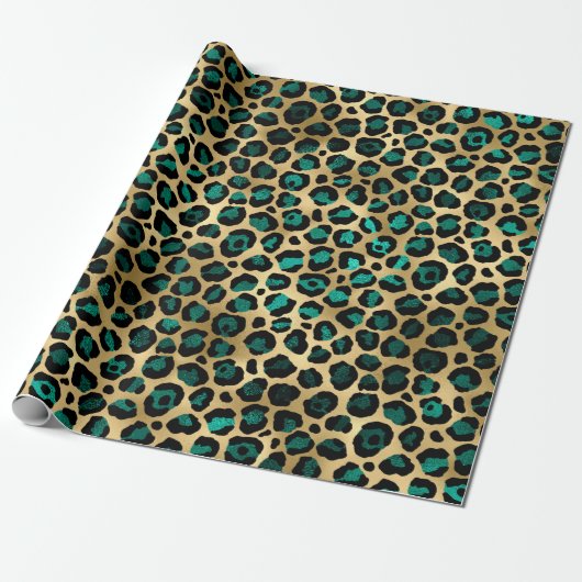 Ontwerp van de blauwgroen en Gold Leopard-reeks 14 Cadeaupapier (Uitgerold)