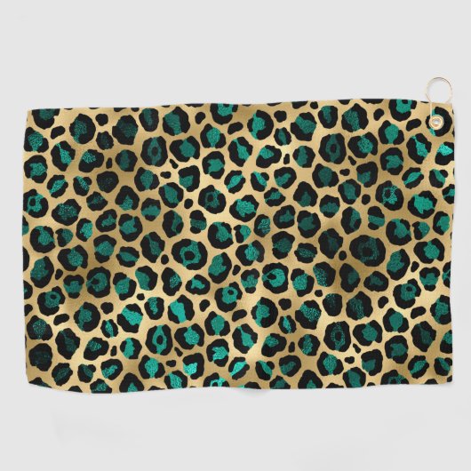 Ontwerp van de blauwgroen en Gold Leopard-reeks 14 Golfhanddoek (Horizontaal)