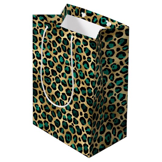 Ontwerp van de blauwgroen en Gold Leopard-reeks 14 Medium Cadeauzakje (Achterkant Gekanteld)