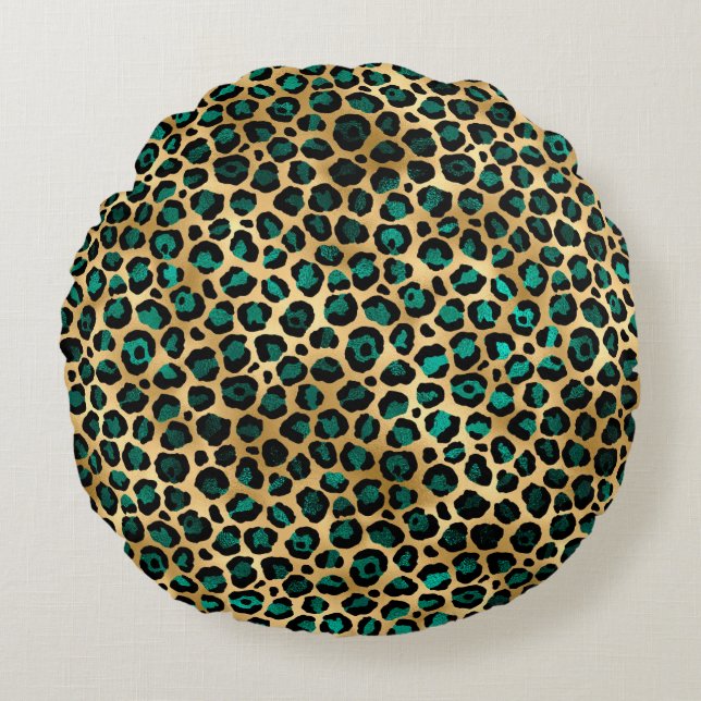 Ontwerp van de blauwgroen en Gold Leopard-reeks 14 Rond Kussen (Voorkant)