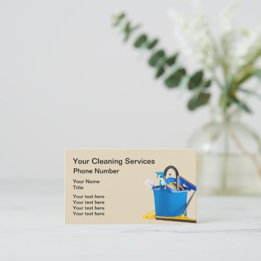 Ontwerp van de reinigingsbenodigdheden met Mop Buc Visitekaartje (Staand voorkant)