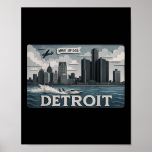 Ontwerp van de skyline van Detroit met What Up Doe Poster