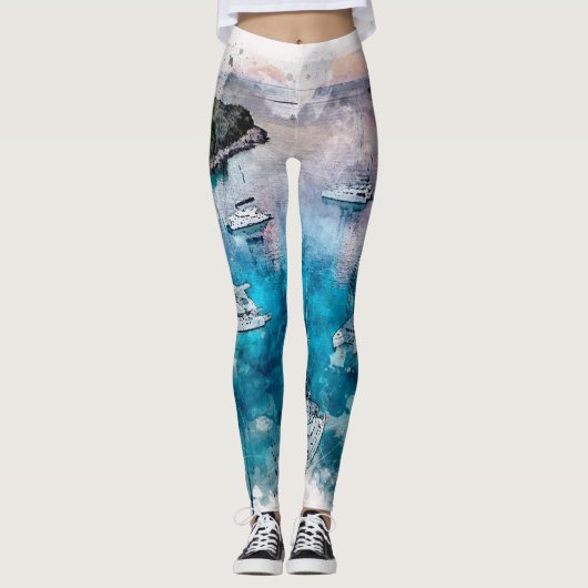 Ontwerp van de waterverf door Le Caviar Catamaran  Leggings (Voorkant)