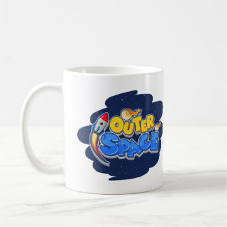 Ontwerp van een cartoon-raket in de buitenruimte koffiemok