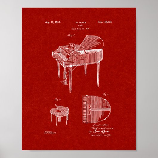 Ontwerp van een pianolpatent - Burgundy Red Poster (Voorkant)
