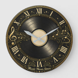 Ontwerp van een vintage vinylplaat muzieknoten wan grote klok