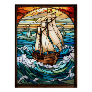 Ontwerp van gebrandschilderd raam met hoog schip perfect poster
